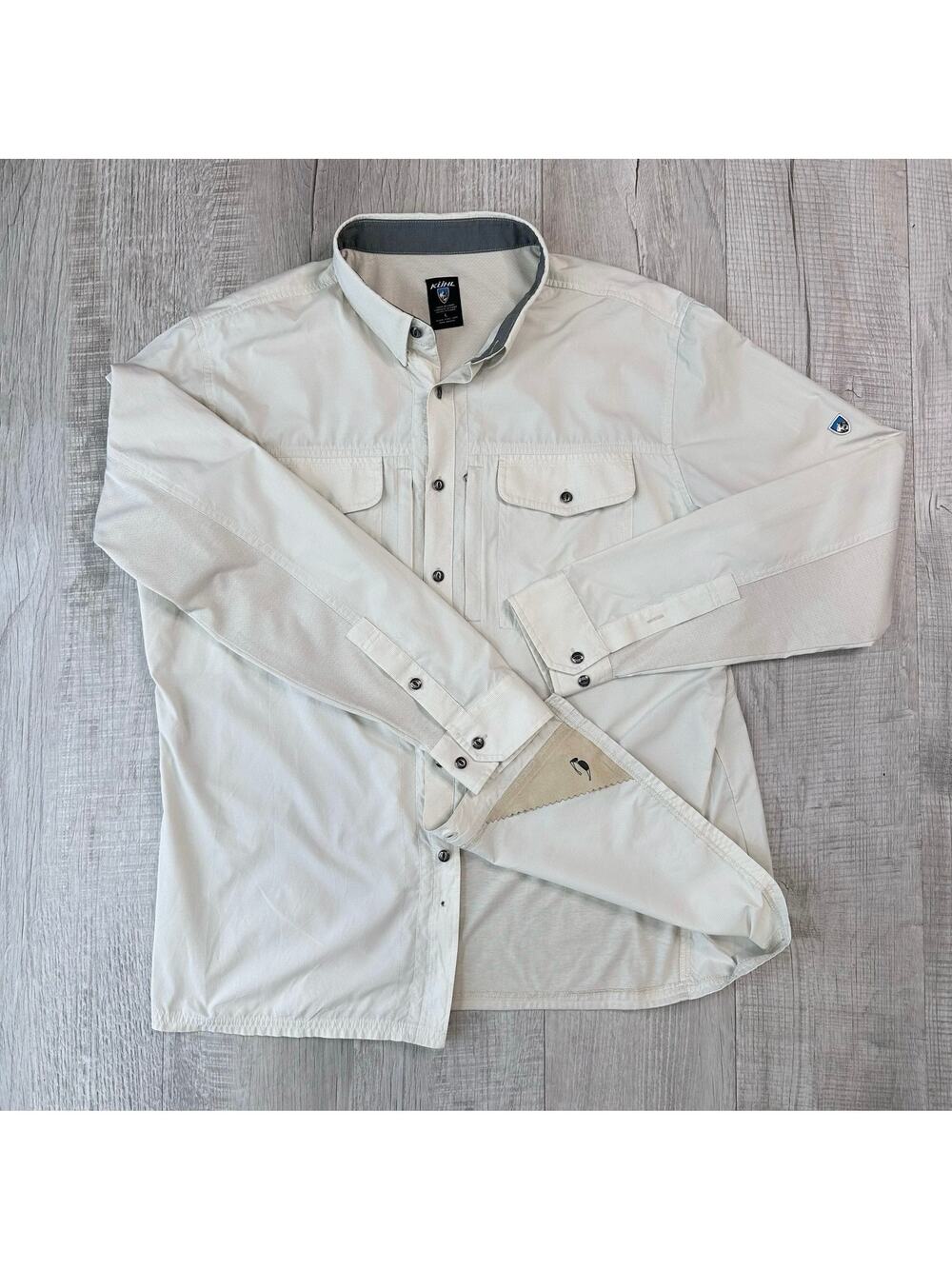 Kuhl Mens Airspeed L Button-Up Tan/White Shirt Collared Outdoors Long Sleeve